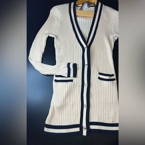 CAbi Radcliffe Cream/Navy Blue Button Cardigan size XS Gossip Girl Acadamia